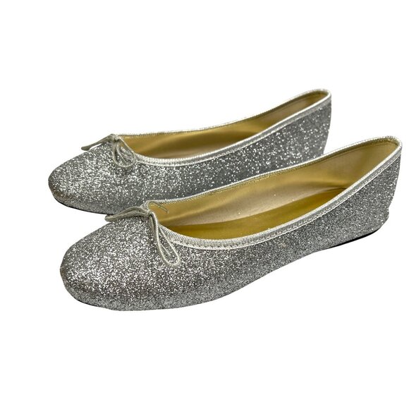 London Sole Silver Glitter Ballet Flats With Bow Accent - Size 40 - Made In Fran - Picture 2 of 6